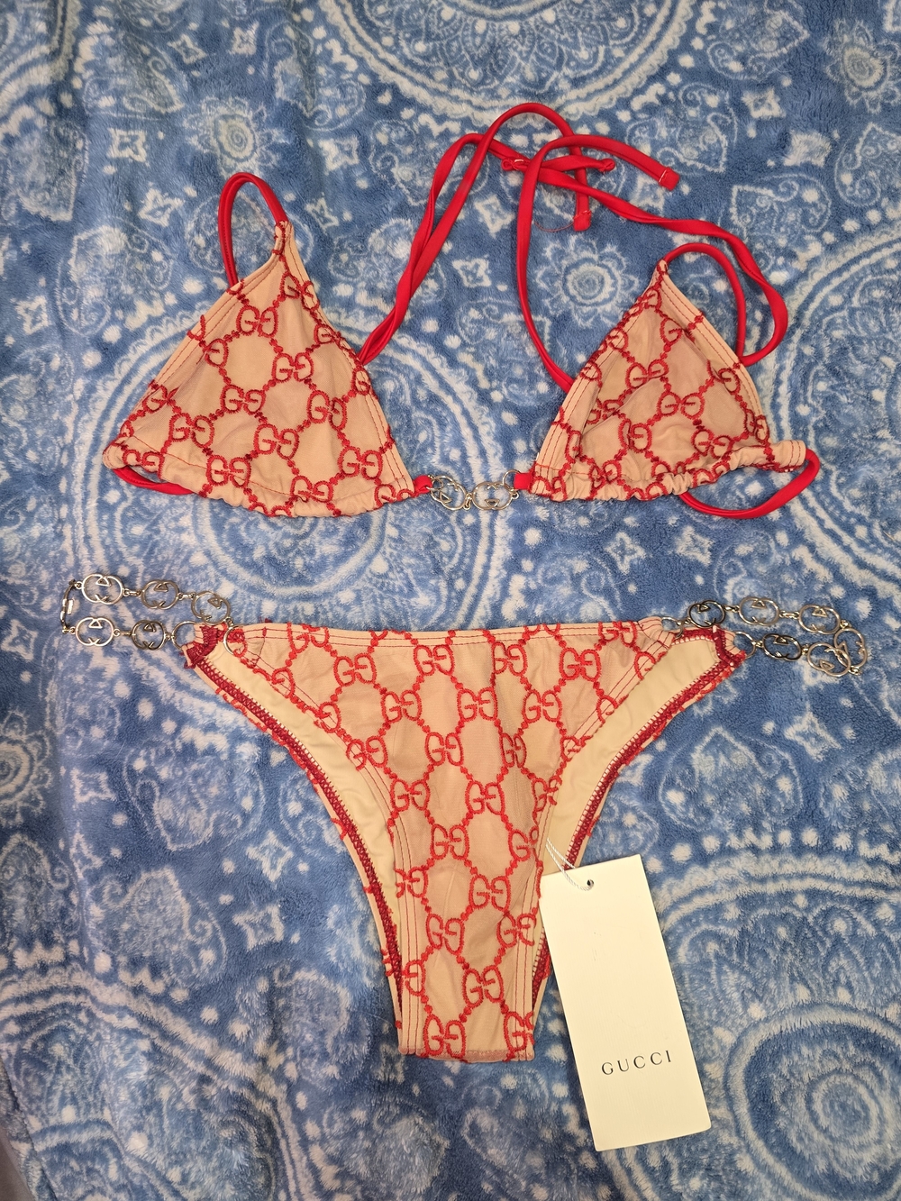 ✨ Red & Beige Two-Piece Gucci Bikini Set — Size Small (Fits XS Top / S Bottom) ✨